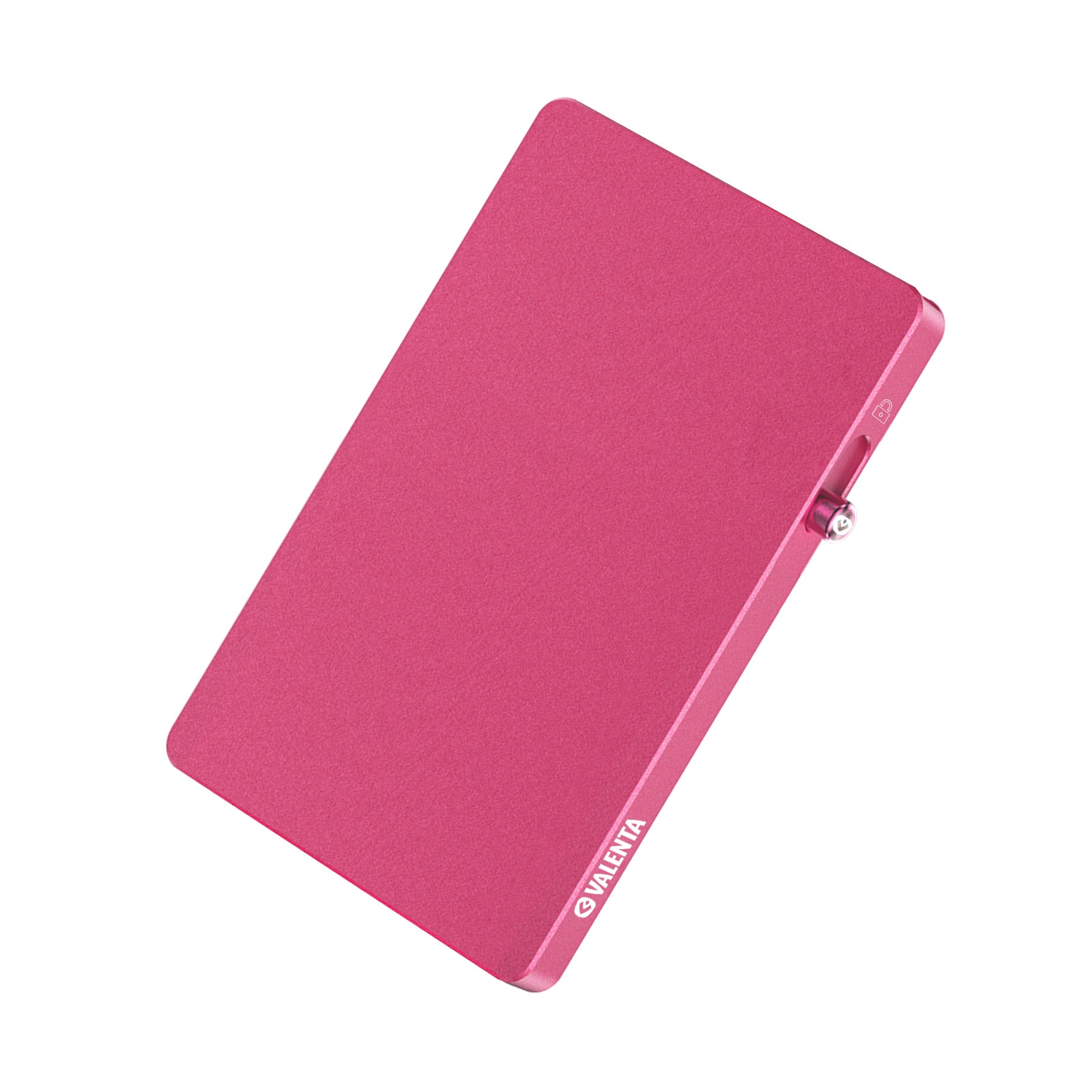 In pink aluminium pasjeshouder met MagSafe schuine afbeelding met knop omlaag voor het uitwerpen van kaarten.