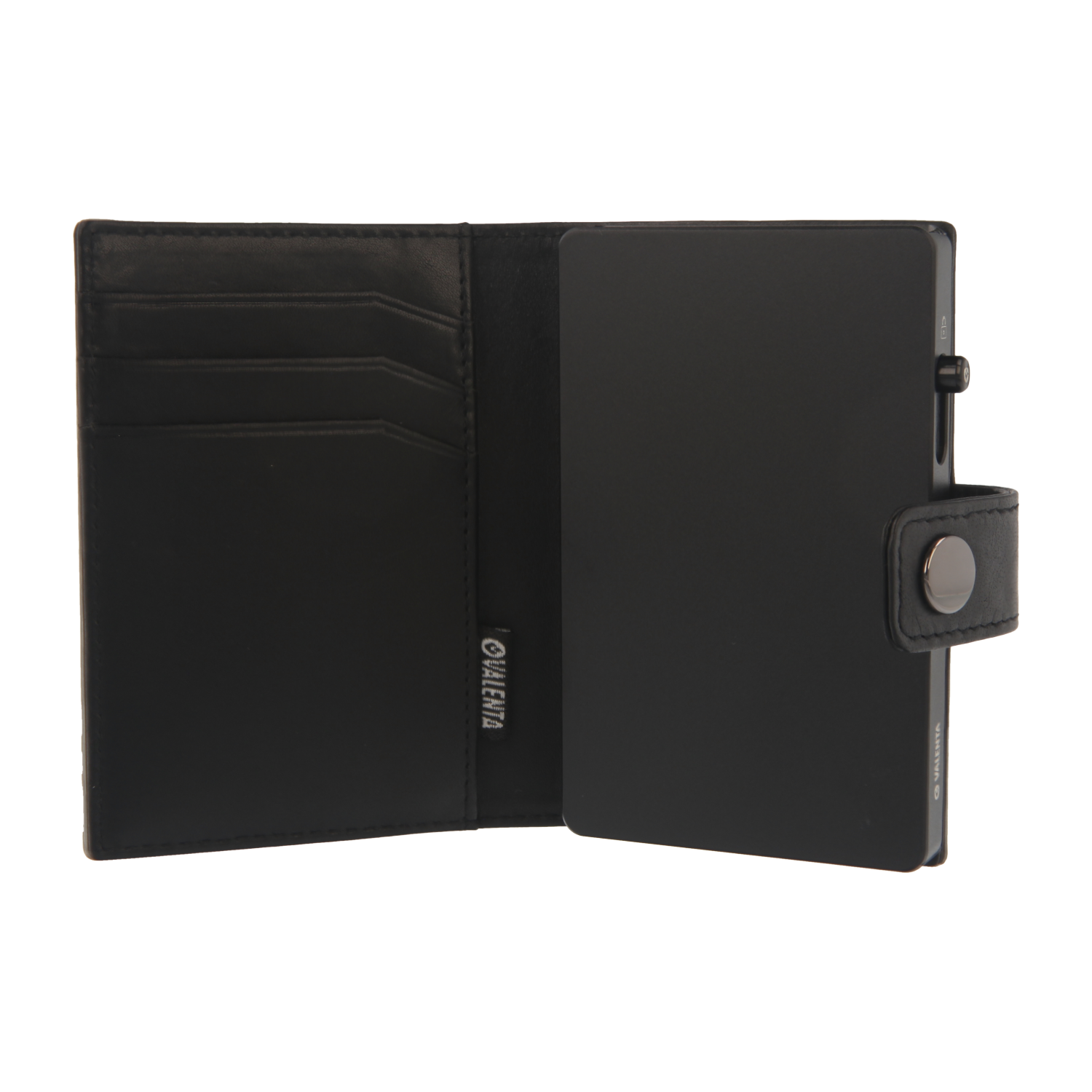 Valenta Mix & MagSafe 2 in 1 bundle with black aluminium card holder and black leather wallet , front view with opened wallet.