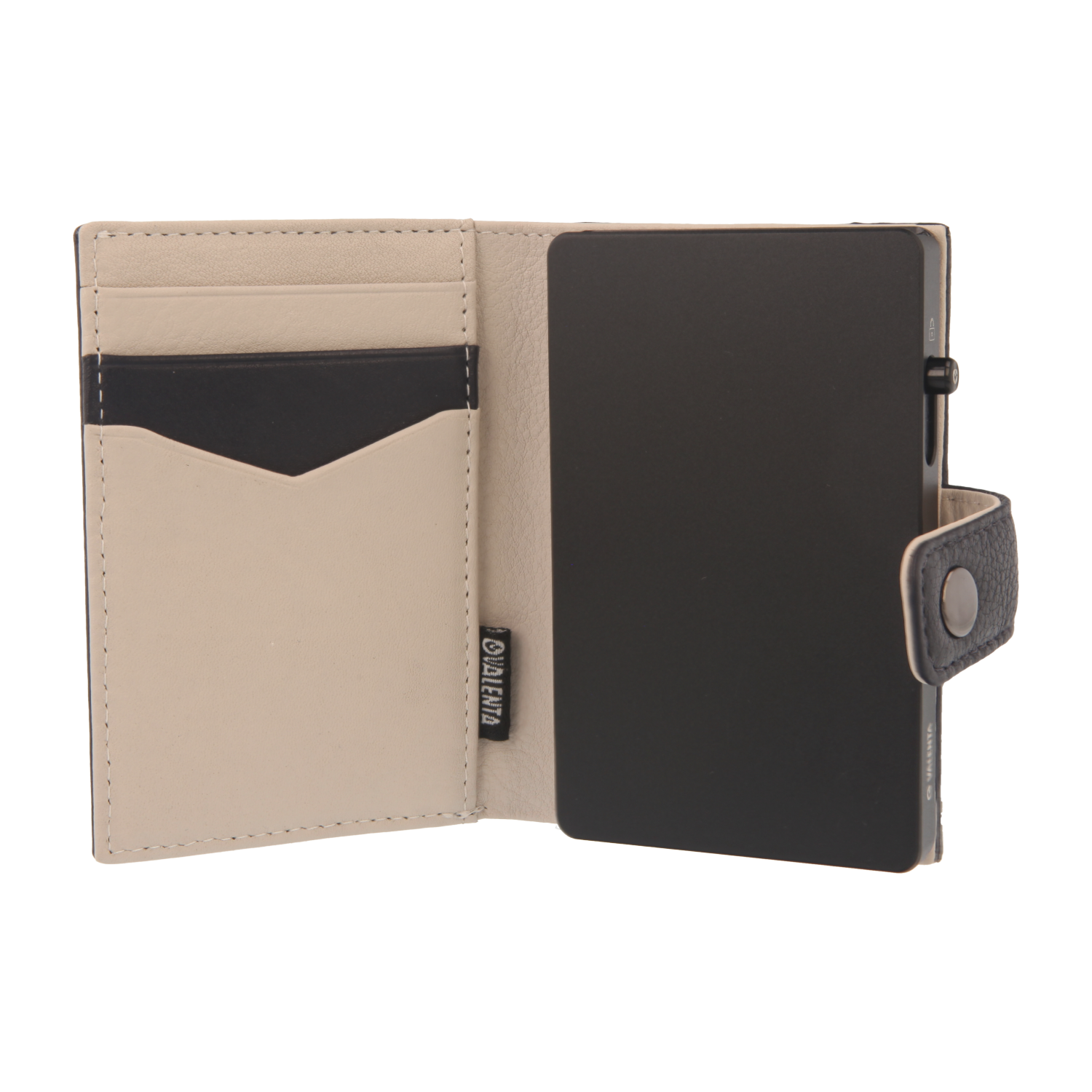 Valenta Mix & MagSafe 2 in 1 bundle with black aluminium card holder and navy blue leather wallet luxe, front view with opened wallet.