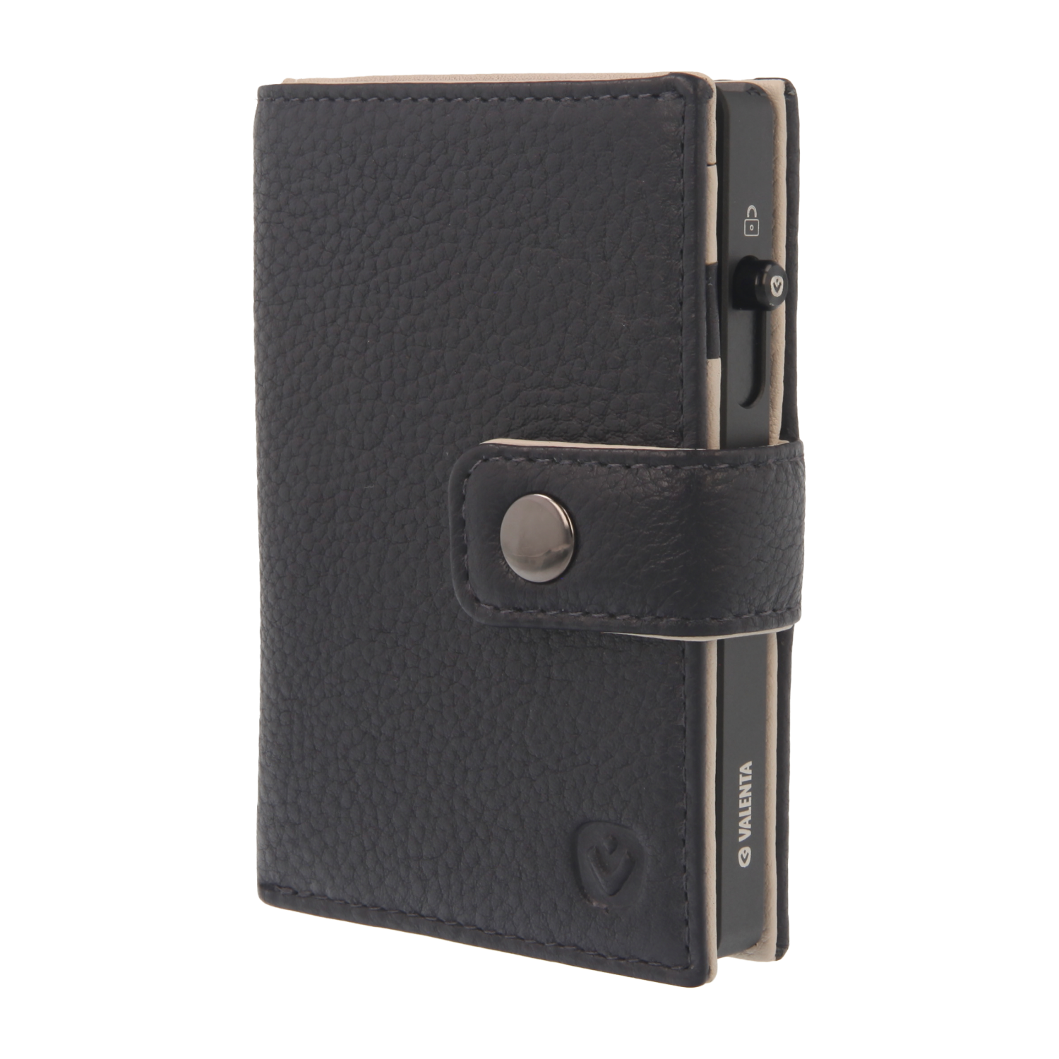 Valenta Mix & MagSafe 2 in 1 bundle with black aluminium card holder and navy blue leather wallet luxe, front angled view.