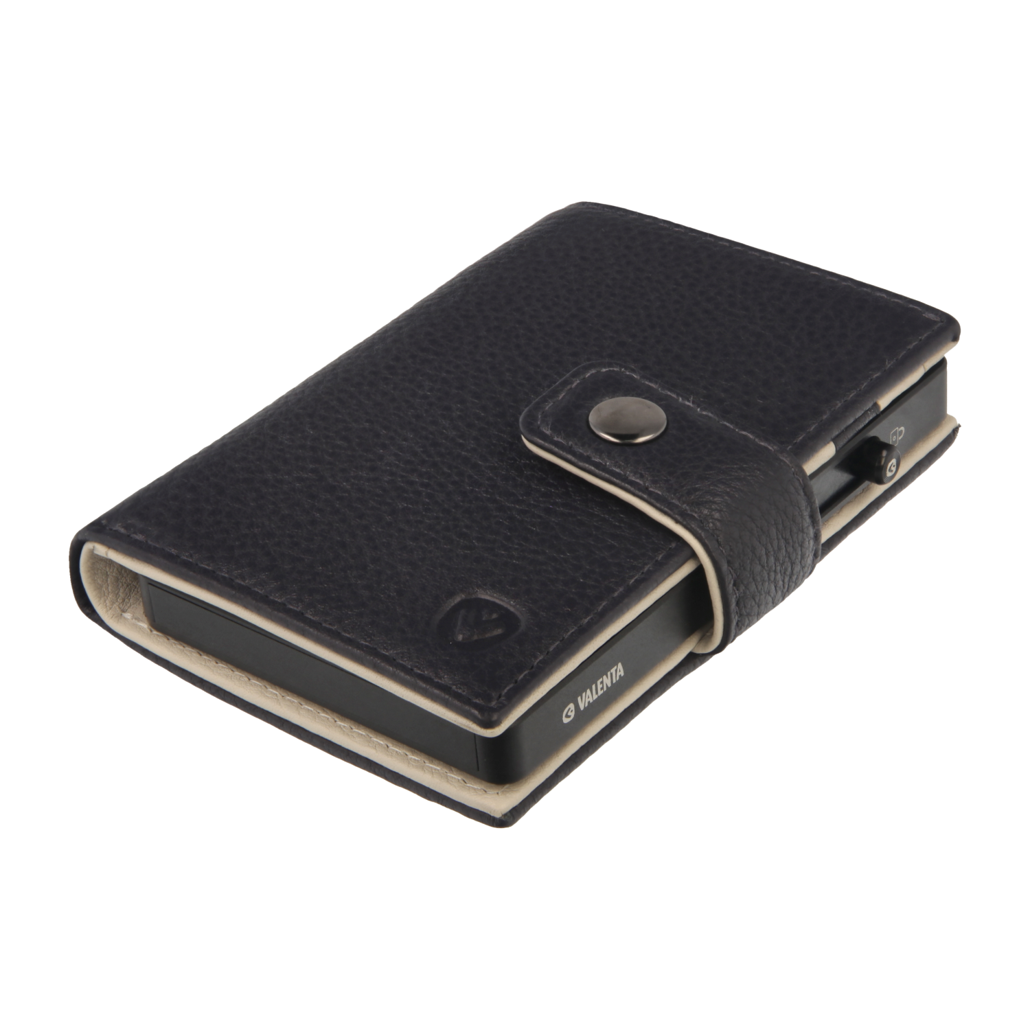 Valenta Mix & MagSafe 2 in 1 bundle with black aluminium card holder and navy blue leather wallet luxe, angled top view.