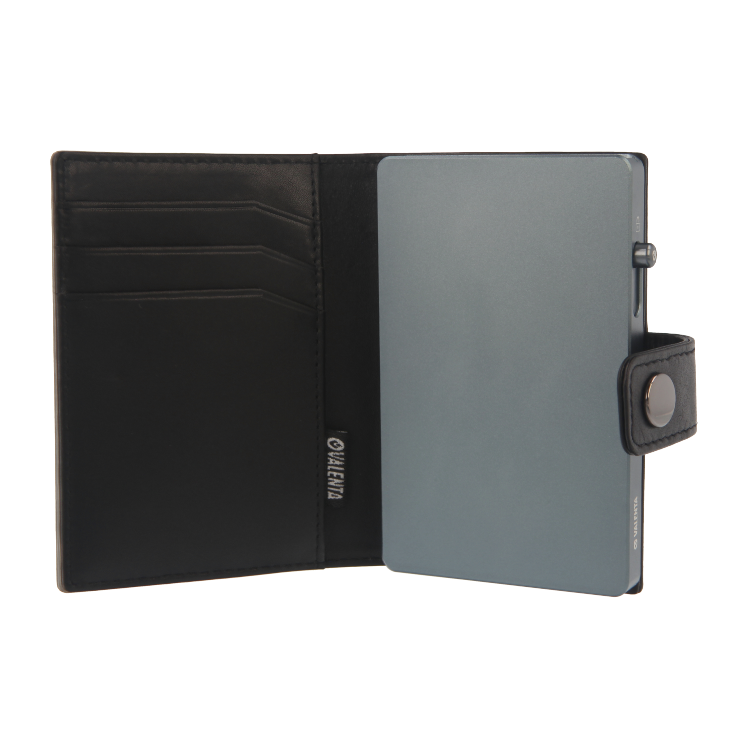 Valenta Mix & MagSafe 2 in 1 bundle with cool grey aluminium card holder and black leather wallet , front view with opened wallet.