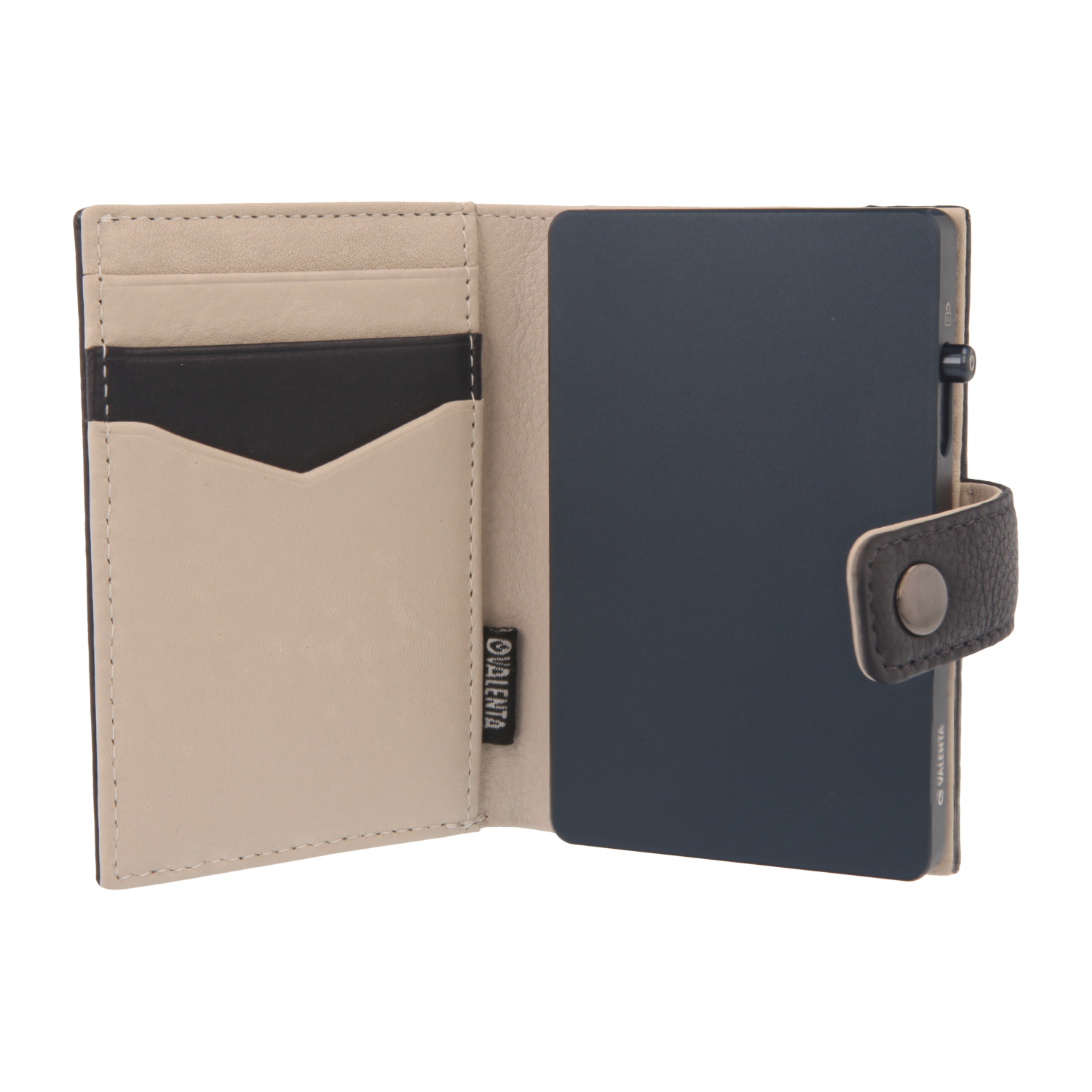 Valenta Mix & MagSafe 2 in 1 bundle with titanium blue aluminium card holder and navy blue leather wallet luxe, front view with opened wallet.