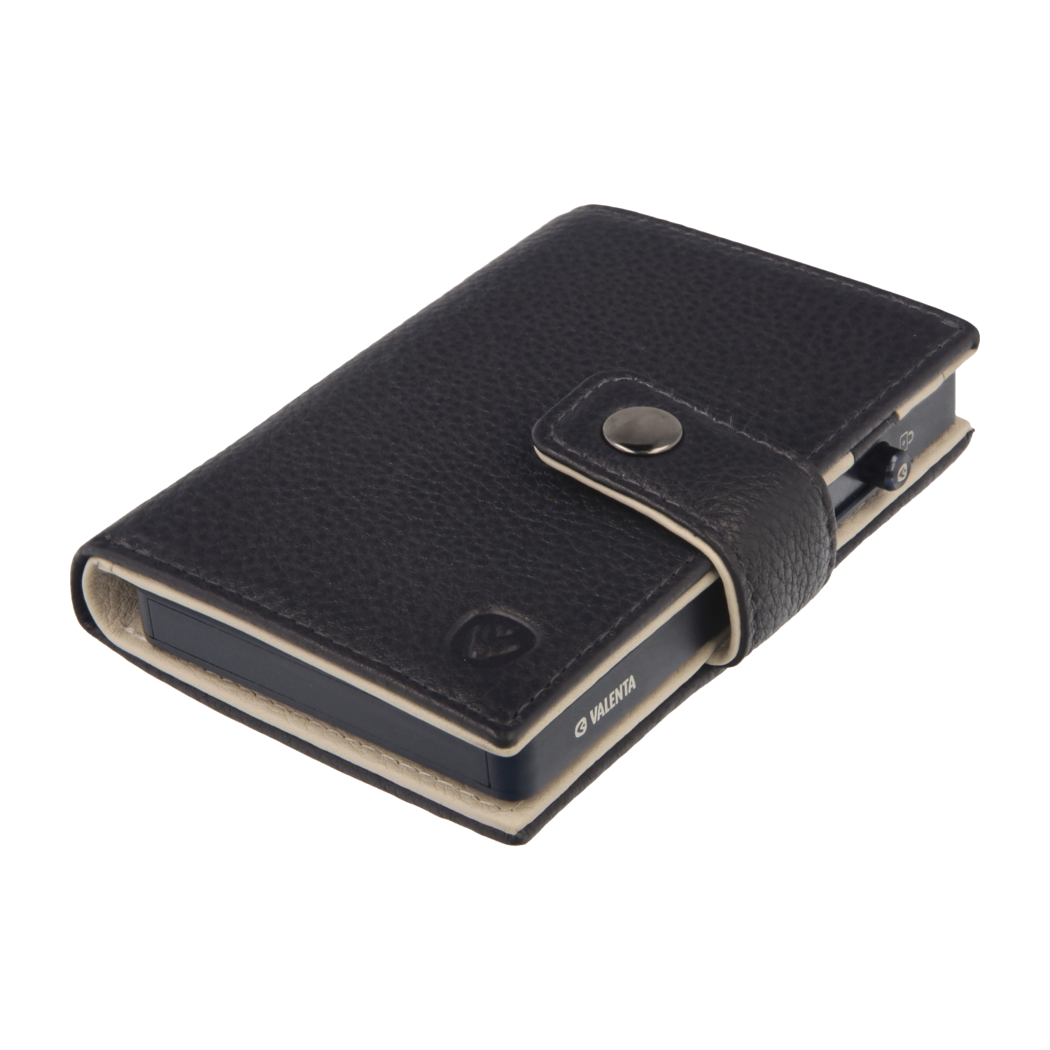 Valenta Mix & MagSafe 2 in 1 bundle with titanium blue aluminium card holder and navy blue leather wallet luxe, angled top view.